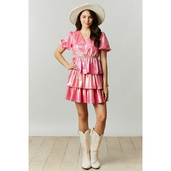 The Gumdrop Tiered Mini Dress in Iridescent Pink - Picture 2 of 5